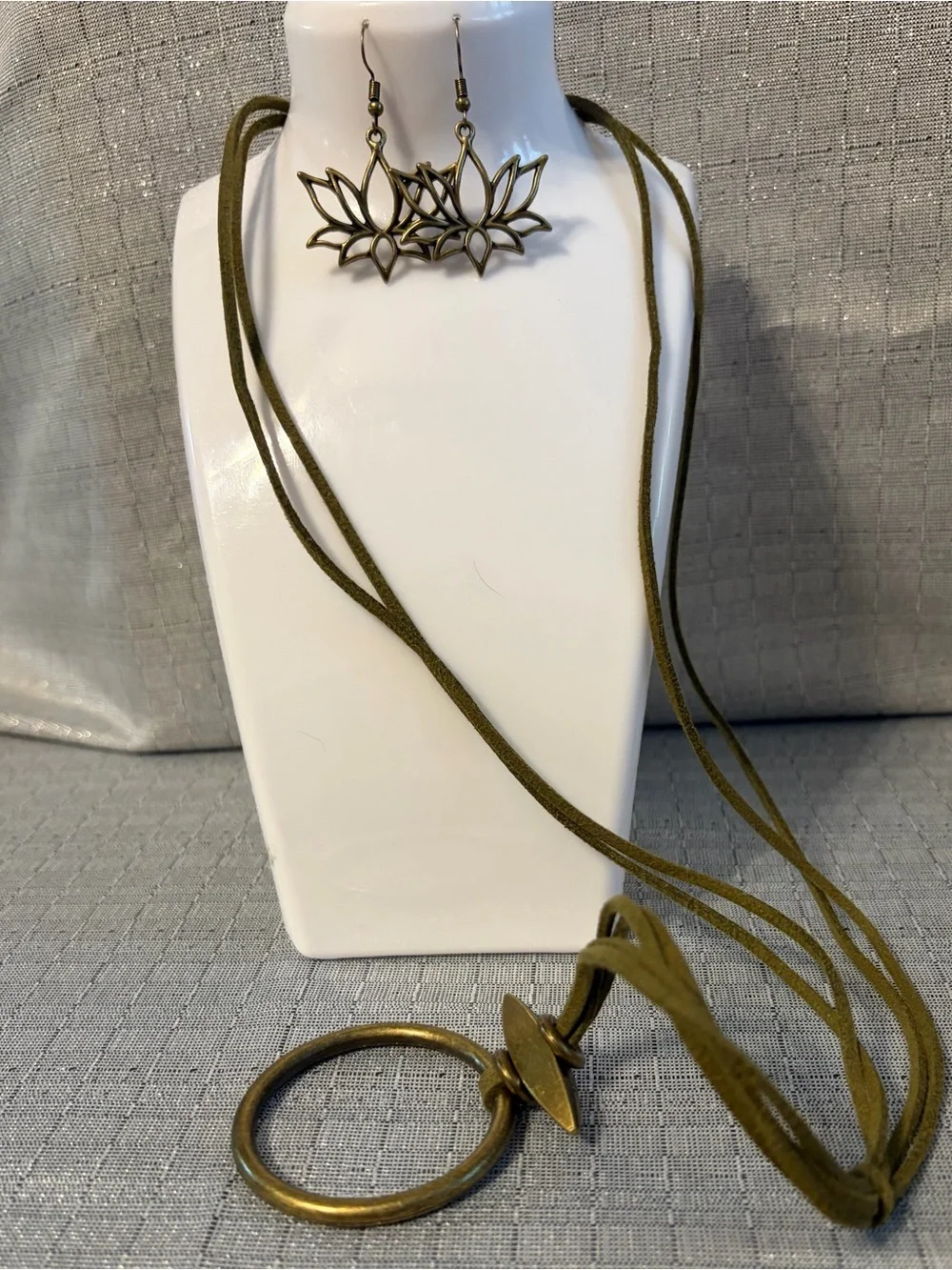 Brass Lotus Earrings & Olive Suede Necklace Set